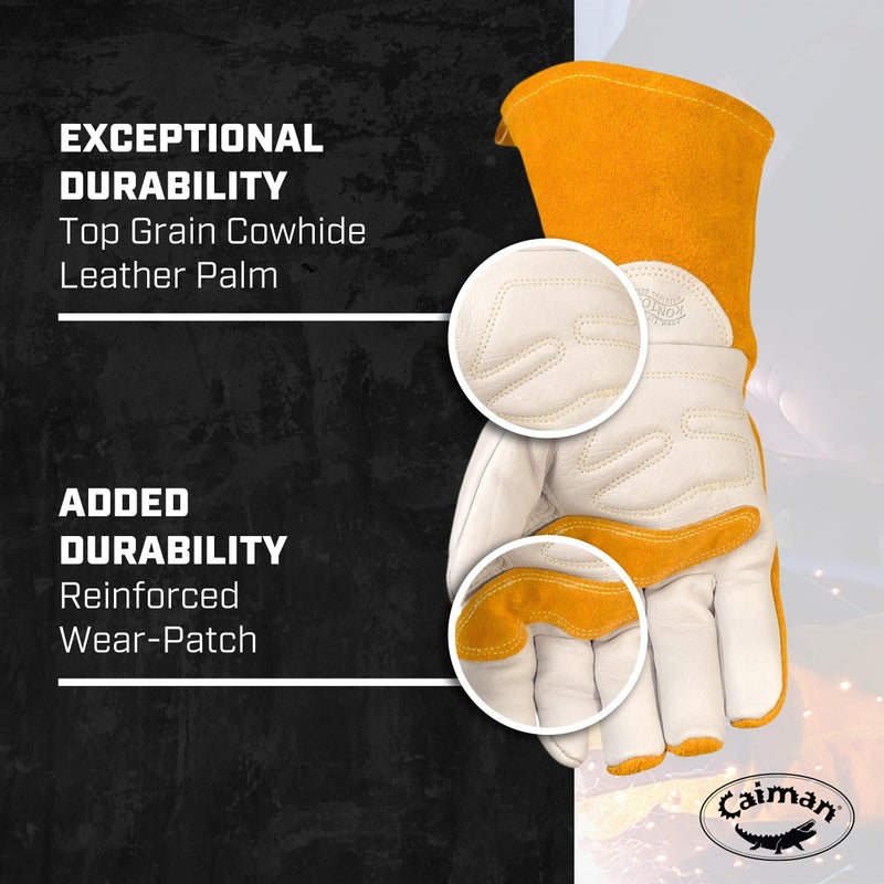 Caiman Premium Cow Grain MIG/Stick Welding Gloves, Cotton/Fleece Insulation, Kontour Design, White/Gold, Large (1434-5) - Image 2